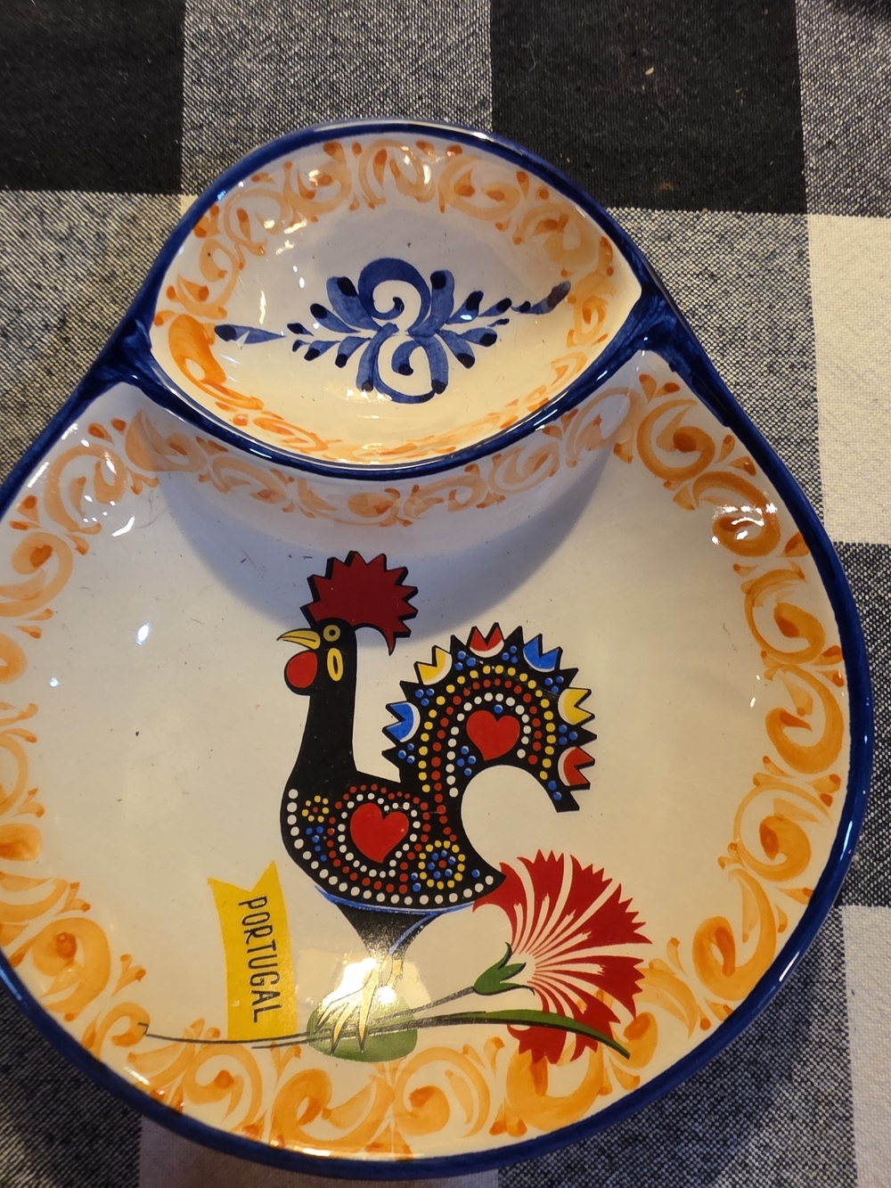 Ceramic Rooster Snack & Dip Dish - White, Yellow, Blue